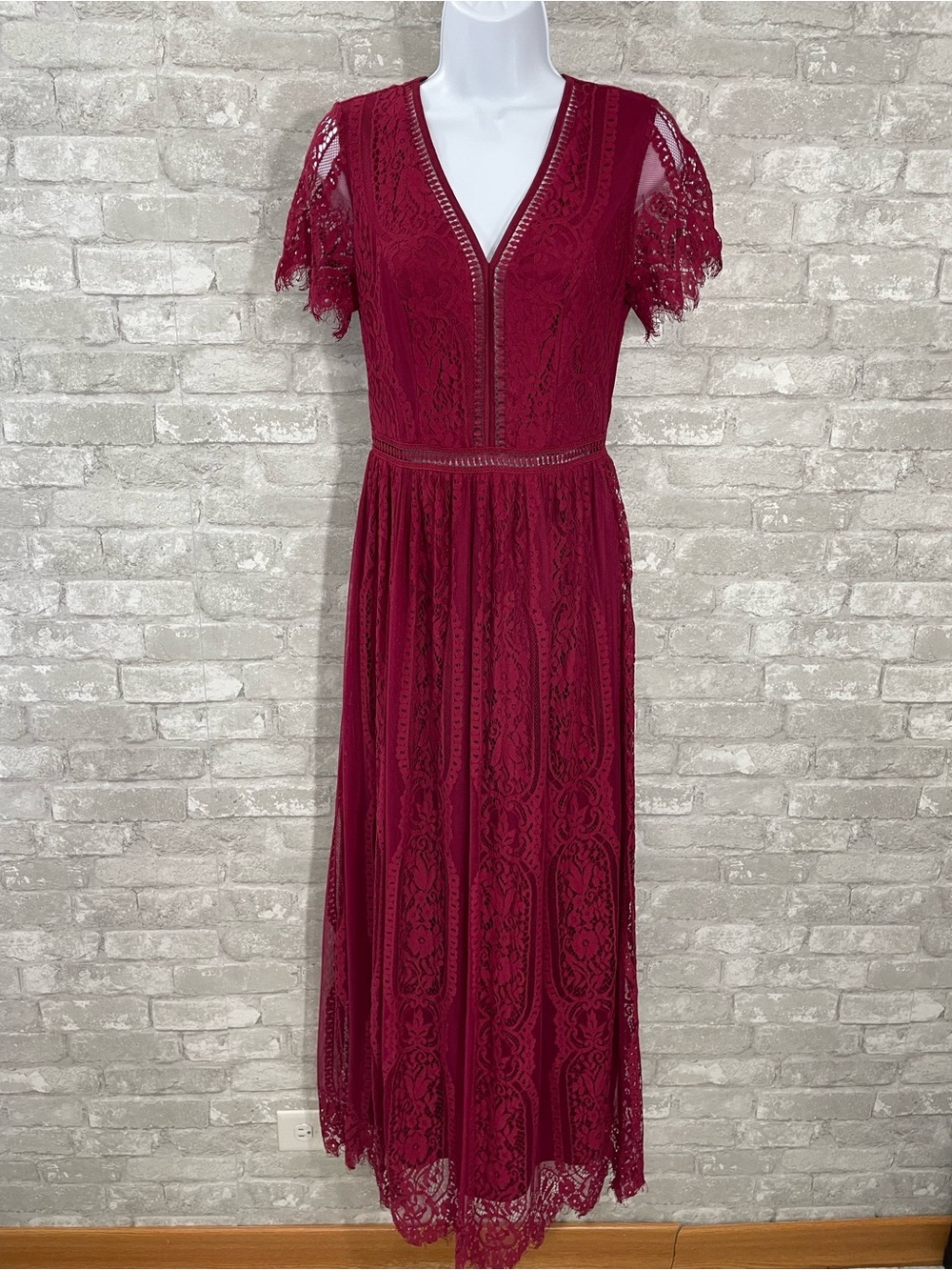 Merokeety Wine Red Lace Maxi Dress Maxi